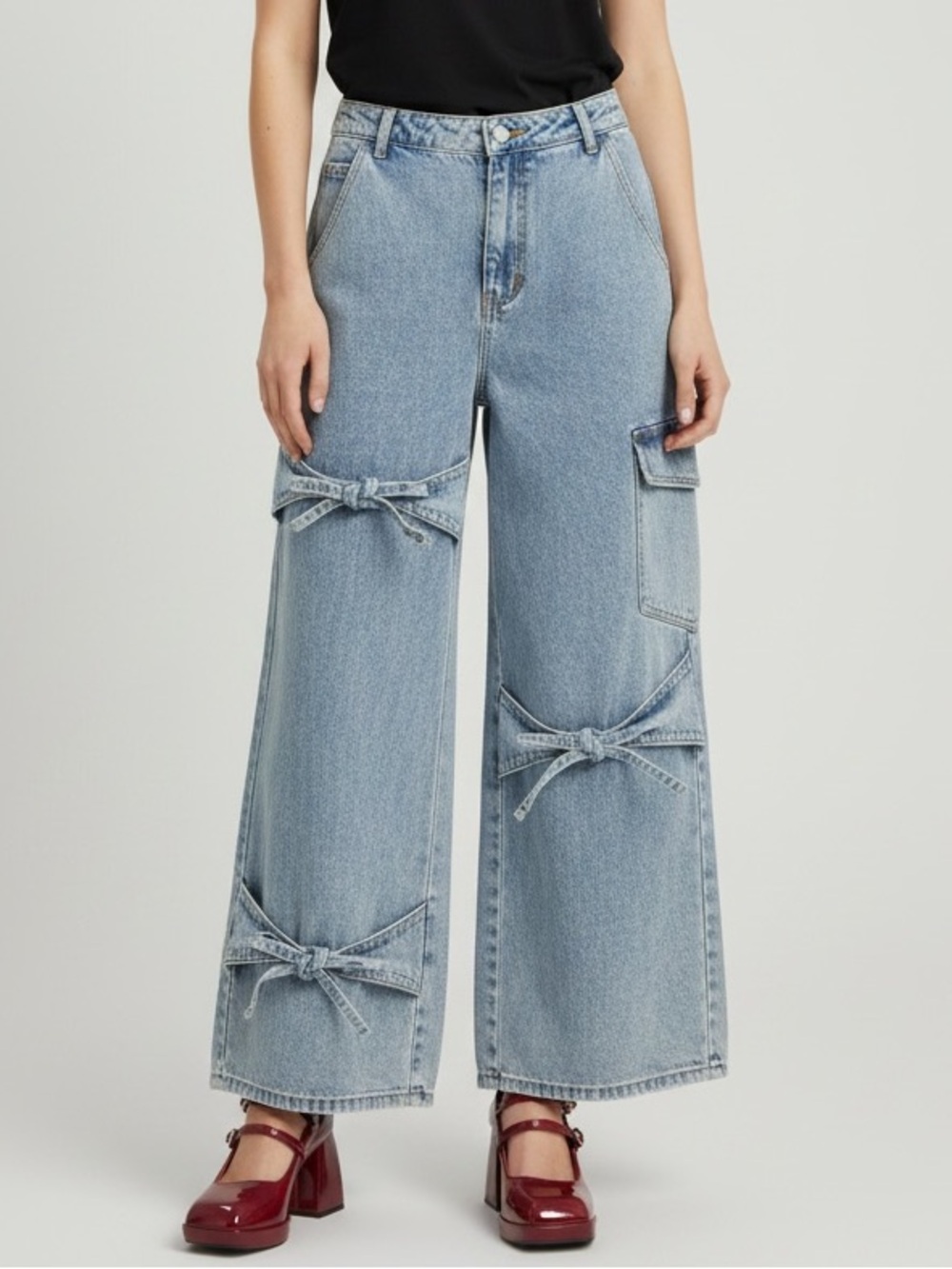 NWT Cider Denim Wide Leg Cargo Jeans Bow Tie Acid Wash Baggy 1X